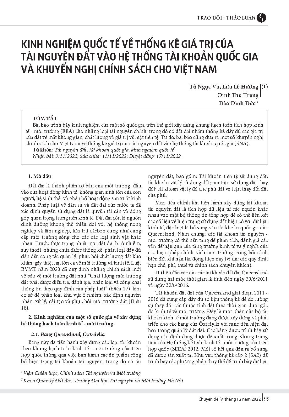 Kinh nghiệm quốc tế về thống kê giá trị của tài nguyên đất vào hệ thống tài khoản quốc gia và khuyến nghị chính sách cho Việt Nam = International experience on statistics of land resources value into System of National Account and policy recommendations f