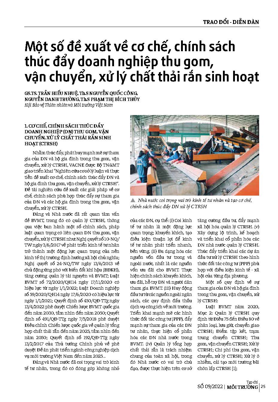 Một số đề xuất về cơ chế, chính sách thúc đẩy doanh nghiệp thu gom, vận chuyển, xử lý chất thải rắn sinh hoạt