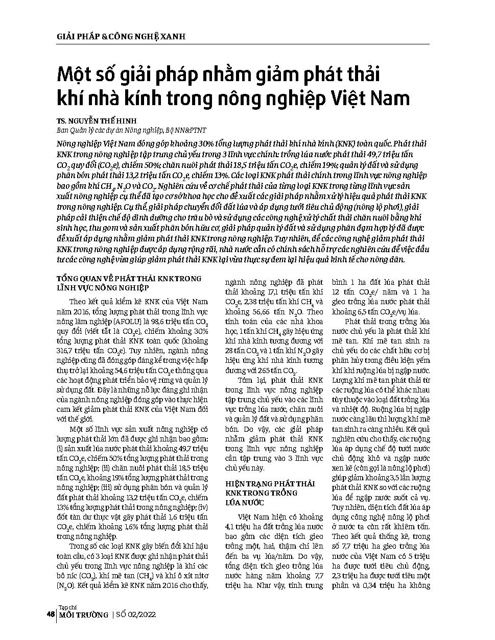 Một số giải pháp nhằm giảm phát thải khí nhà kính trong nông nghiệp Việt Nam