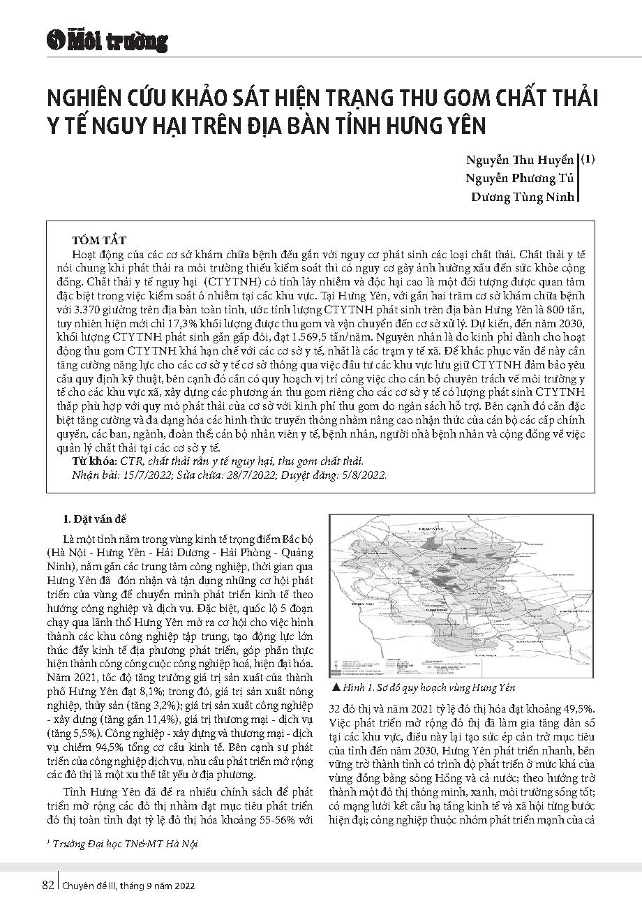 Nghiên cứu khảo sát hiện trạng thu gom chất thải y tế nguy hại trên địa bàn tỉnh Hưng Yên = Research and survey the current situation of hazardous medical waste collection in Hung Yen Province