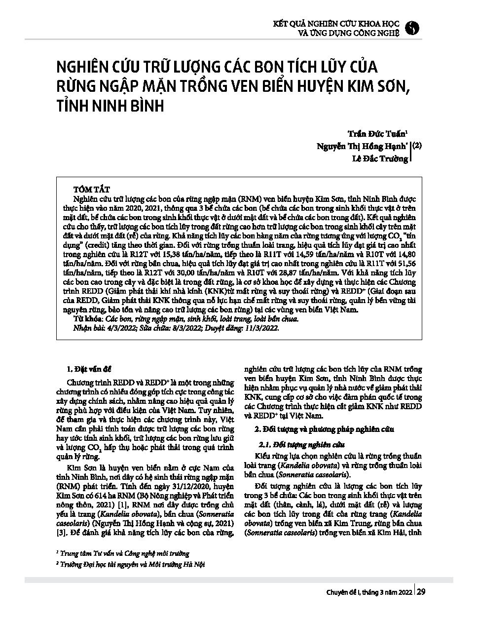 Nghiên cứu trữ lượng các bon tích lũy của rừng ngập mặn trồng ven biển huyện Kim Sơn, tỉnh Ninh Bình = Study on các bon stocks in mangroves planted along the coastal of Kimson district, Ninh Binh province
