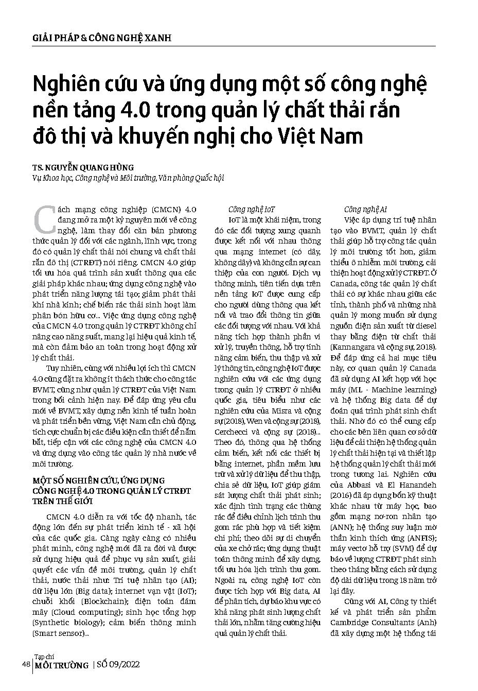 Nghiên cứu và ứng dụng một số công nghệ nền tảng 4.0 trong quản lý chất thải rắn đô thị và khuyến nghị cho Việt Nam