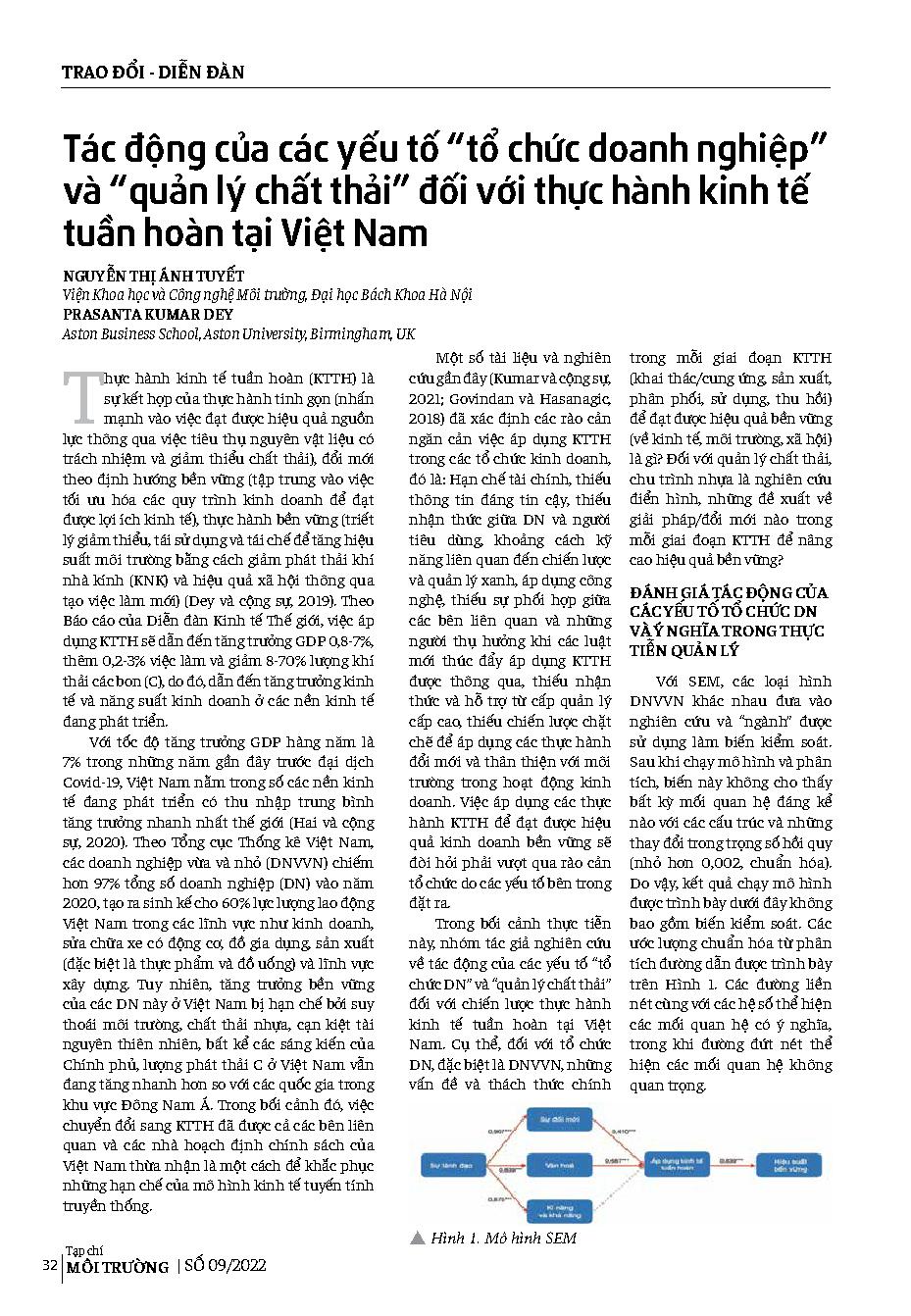 Tác động của các yếu tố “tổ chức doanh nghiệp” và “quản lý chất thải” đối với thực hành kinh tế tuần hoàn tại Việt Nam