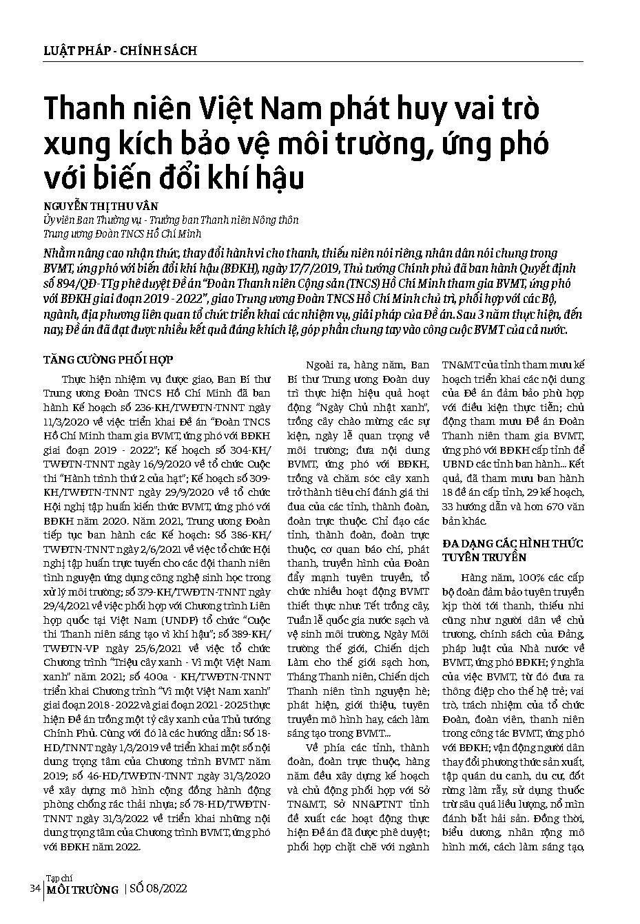 Thanh niên Việt Nam phát huy vai trò xung kích bảo vệ môi trường, ứng phó với biến đổi khí hậu