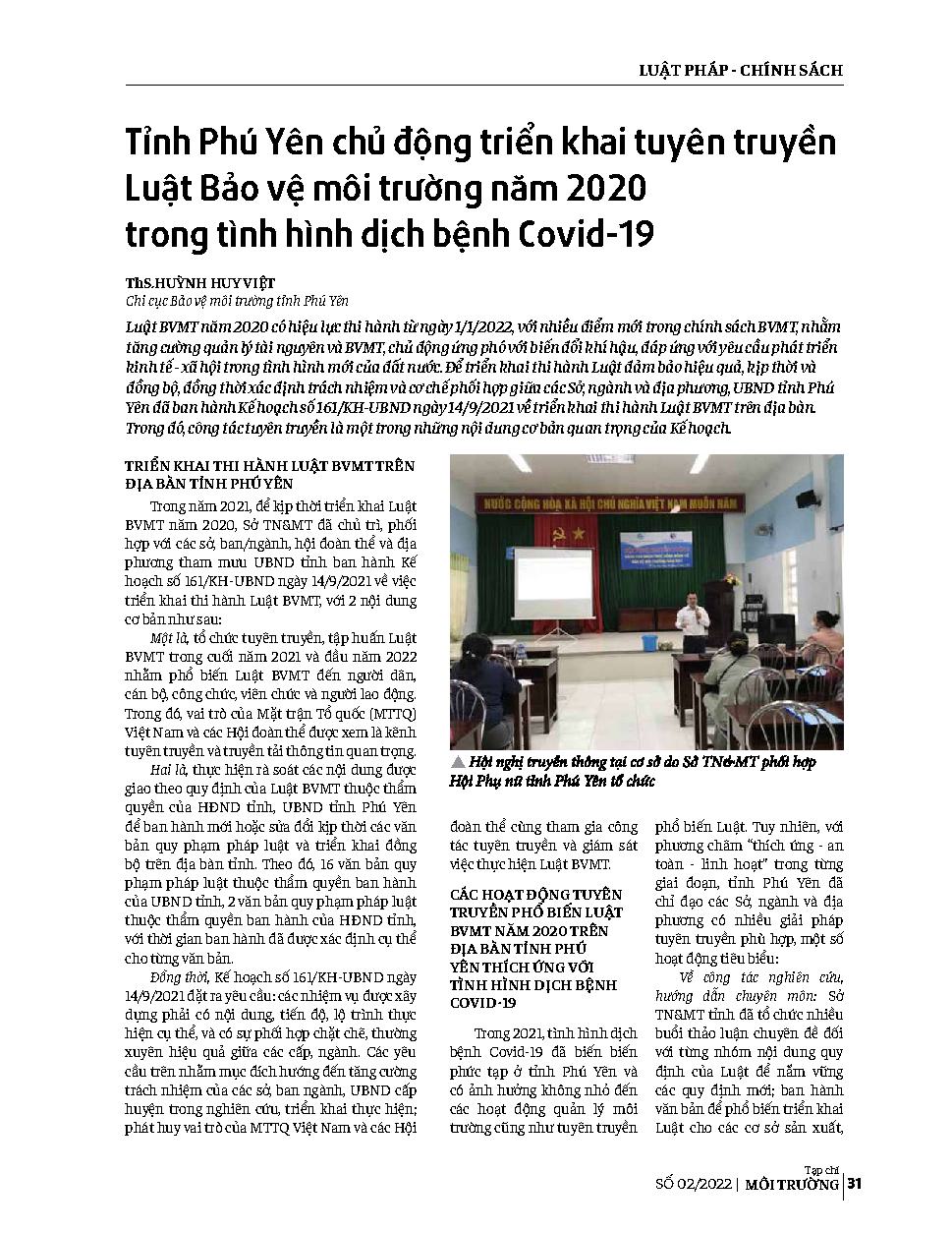 Tỉnh Phú Yên chủ động triển khai tuyên truyền Luật Bảo vệ môi trường năm 2020 trong tình hình dịch bệnh Covid-19