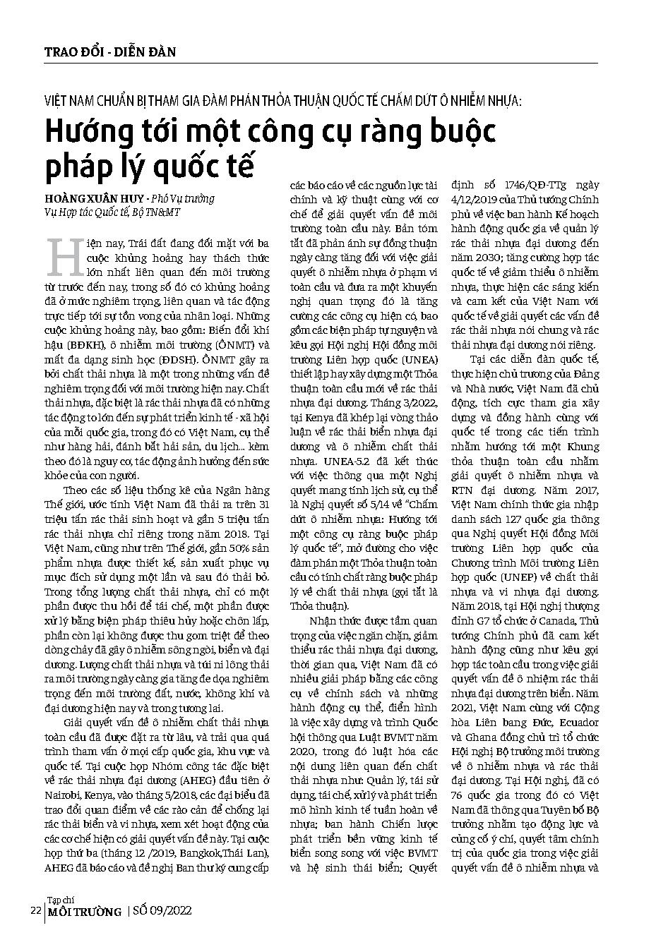 Việt Nam chuẩn bị tham gia đàm phán thỏa thuận quốc tế chấm dứt ô nhiễm nhựa: Hướng tới một công cụ ràng buộc pháp lý quốc tế
