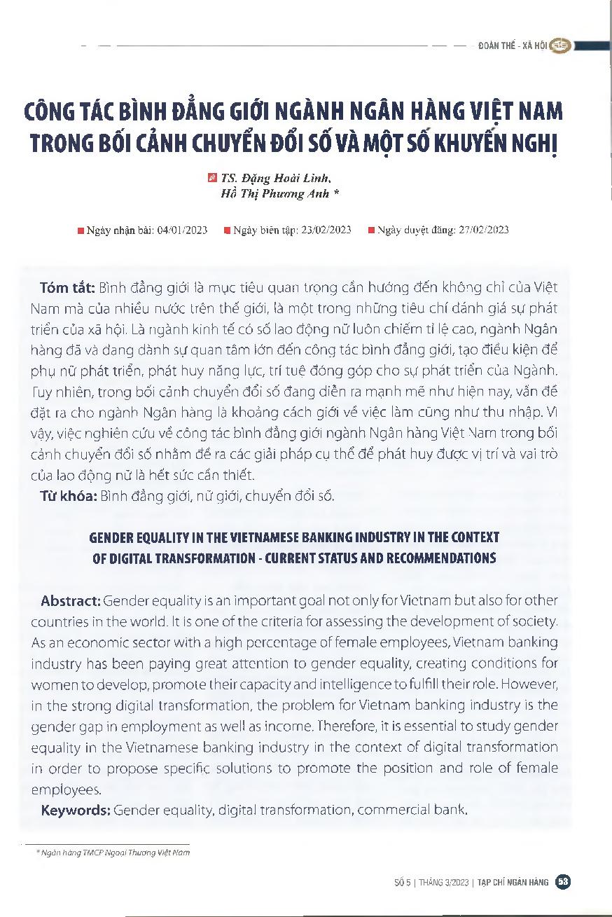 Công tác bình đẳng giới ngành Ngân hàng Việt Nam trong bối cảnh chuyển đổi số và một số khuyến nghị = Gender equality in the Vietnamese banking industry in the context of digital transformation - Current status and recommendations