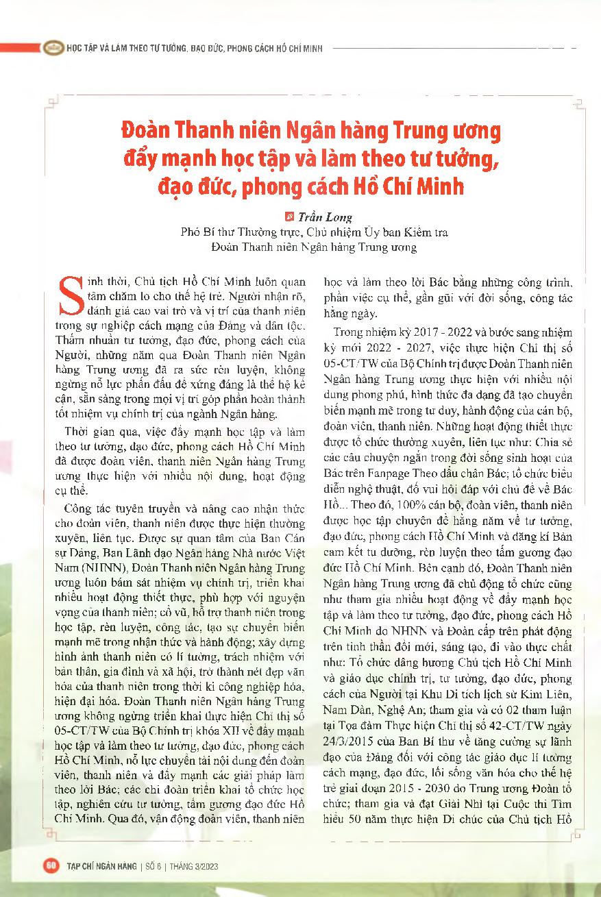 Đoàn Thanh niên Ngân hàng Trung ương đẩy mạnh học tập và làm theo tư tưởng, đạo đức, phong cách Hồ Chí Minh = The Central Bank Youth Union pushes up studying and following Ho Chi Minh's thought, morality and lifestyle