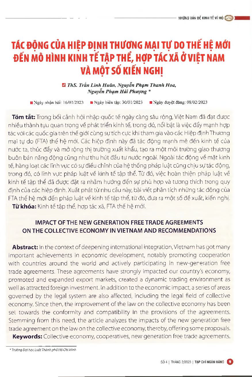 Tác động của Hiệp định Thương mại tự do thế hệ mới đến mô hình kinh tế tập thể, hợp tác xã ở Việt Nam và một số kiến nghị = Impact of the new generation free trade agreements on the collective economy in Vietnam and recommendations
