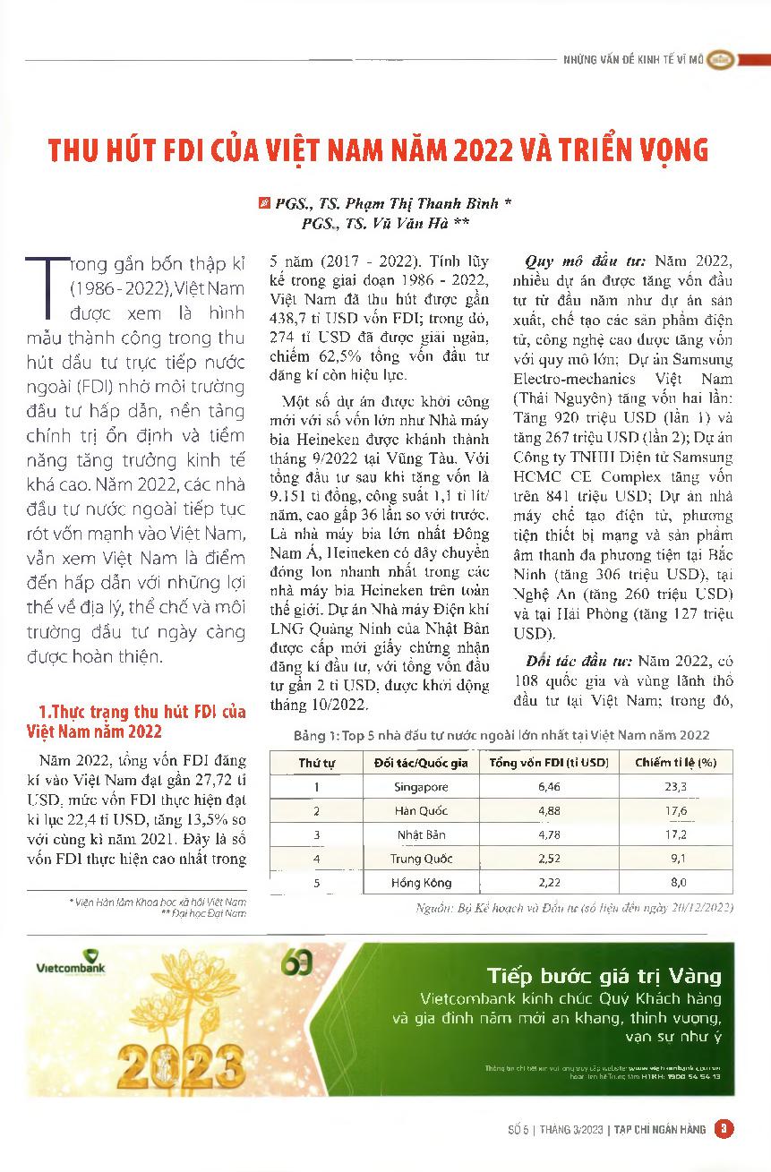 Thu hút FDI của Việt Nam năm 2022 và triển vọng = FDI attraction of Vietnam in 2022 and prospects