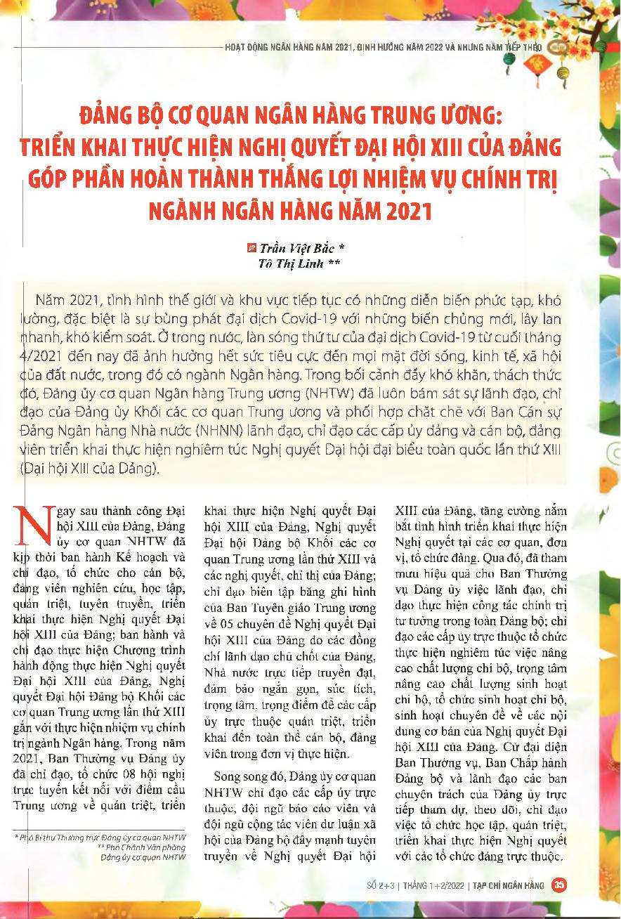 Đảng bộ cơ quan Ngân hàng Trung ương: Triển khai thực hiện Nghị quyết Đại hội XIII của Đảng, góp phần hoàn thành thắng lợi nhiệm vụ chính trị ngành Ngân hàng năm 2021 = The Party Committee of the Central Bank: Implement the Resolution of the XIII Congress