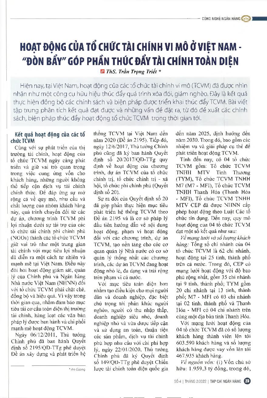 Hoạt động của tổ chức tài chính vi mô ở Việt Nam - “đòn bẩy” góp phần thúc đẩy tài chính toàn diện = Activities of microfinance institutions in Vietnam - “leverage” contributes to promoting financial inclusion
