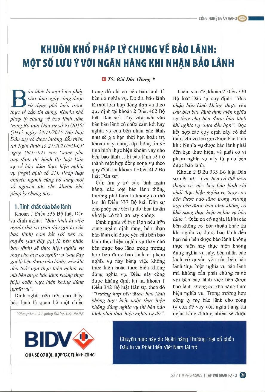Khuôn khổ pháp lý chung về bảo lãnh: Một số lưu ý với ngân hàng khi nhận bảo lãnh = General legal framework on guarantee: Some notes for banks when receiving guarantees