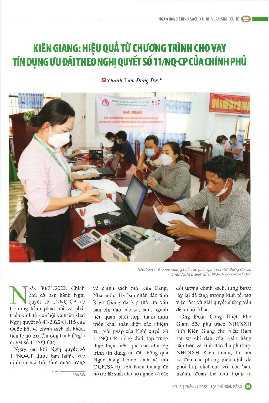 Kiên Giang: Hiệu quả từ chương trình cho vay tín dụng ưu đãi theo Nghị quyết số 11/NQ-CP của Chính phủ = The effectiveness from a preferential loans program implemented following Resolution 11/NQ-CP in Kien Giang Province