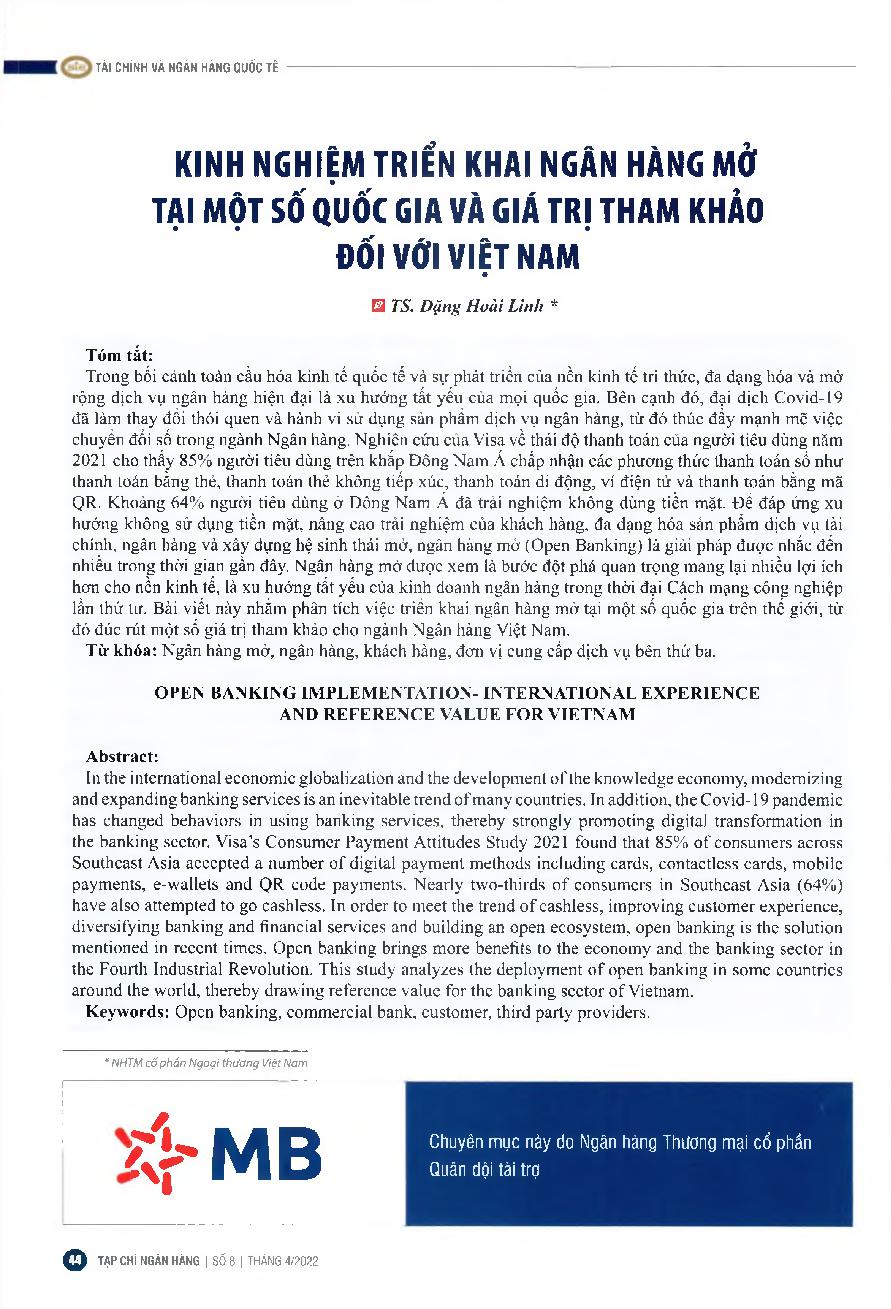 Kinh nghiệm triển khai ngân hàng mở tại một số quốc gia và giá trị tham khảo đối với Việt Nam = Open banking implementation- international experience and reference value for vietnam