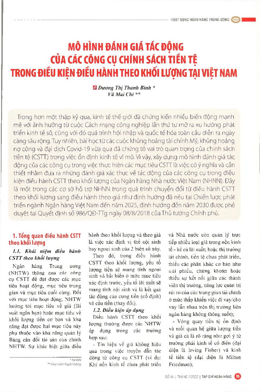 Mô hình đánh giá tác động của các công cụ chính sách tiền tệ trong điều kiện điều hành theo khối lượng tại Việt Nam. = A model for assessing the impact of monetary policy tools in the context of conducting a monetary policy by quantitative in Vietnam