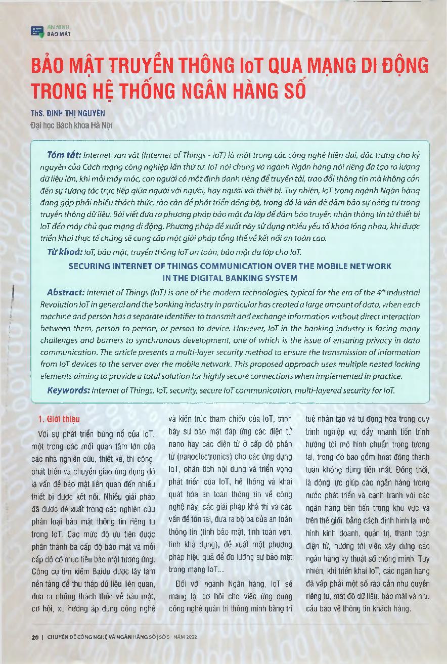 Bảo mật truyền thông IoT qua mạng di động trong hệ thống ngân hàng số = Securing internet of things communication over the mobile network In the digital banking system