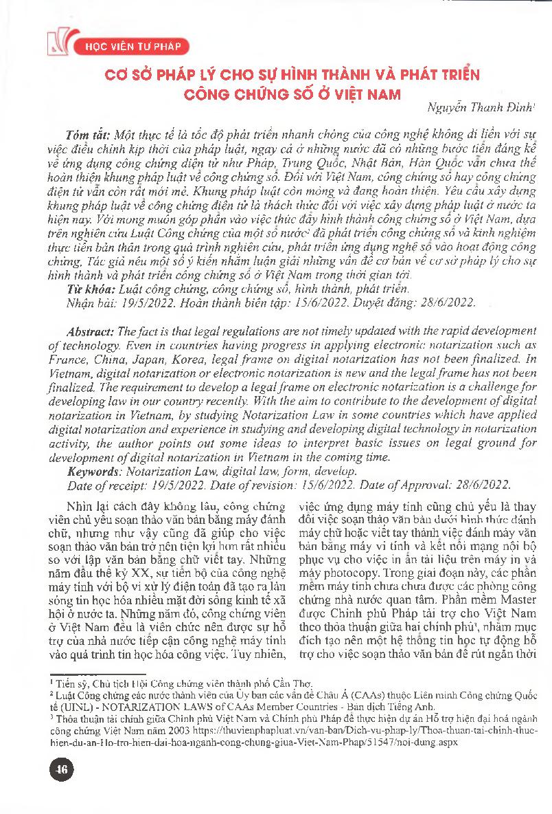 Cơ sở pháp lý cho sự hình thành và phát triển công chứng số ở Việt Nam = Legal ground for establishment and development of digital notarization in Vietnam