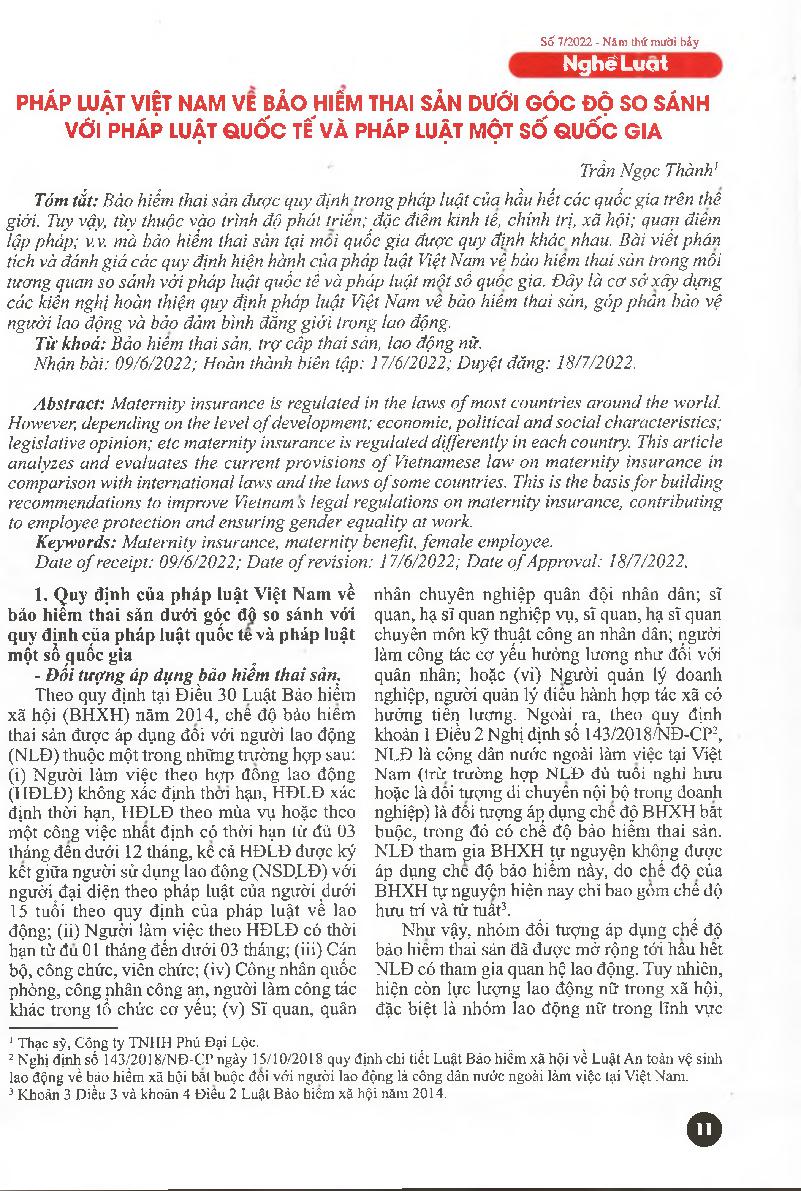 Pháp luật Việt Nam về bảo hiểm thai sản dưới góc độ so sánh với pháp luật quốc tế và pháp luật một số quốc gia = Vietnam's law on maternity insurance in comparison with international law and law in some countries