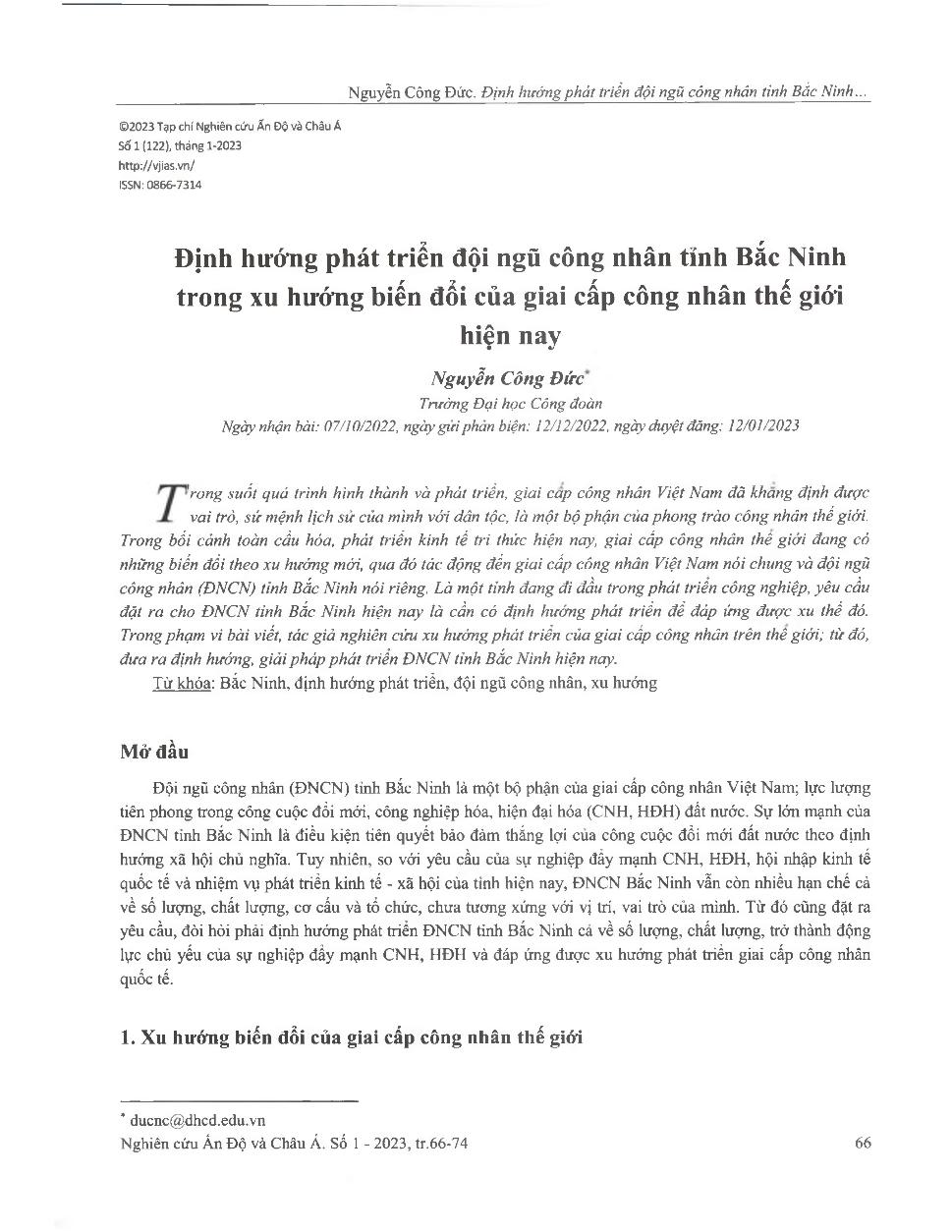 Định hướng phát triển đội ngũ công nhân tỉnh Bắc Ninh trong xu hướng biến đổi của giai cấp công nhân thế giới hiện nay = Orientation to develop the workforce of Bae Ninh province in the changing trend of the world working class today