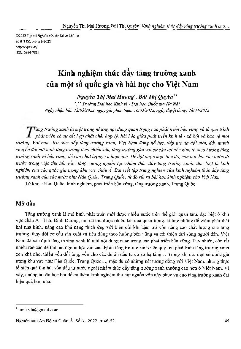Kinh nghiệm thúc đẩy tăng trưởng xanh của một số quốc gia và bài học cho Việt Nam = Experiences in promoting green growth by some countries and lessons for Vietnam