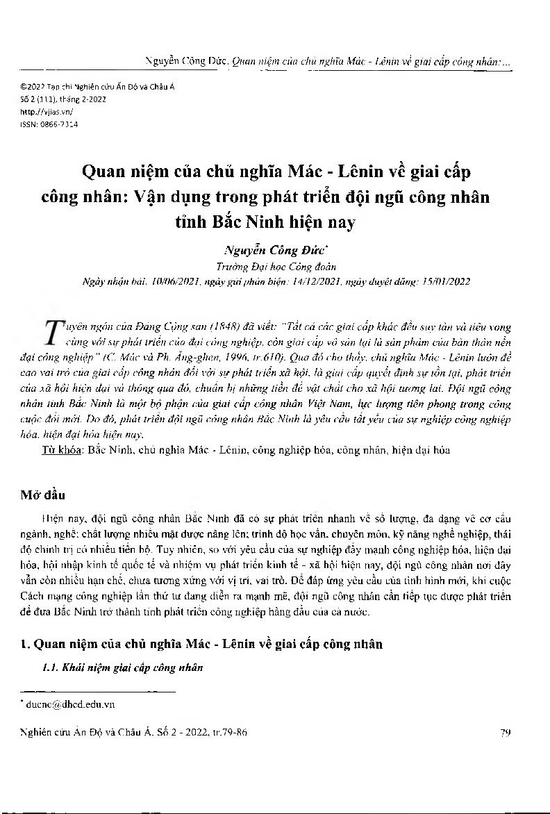 Quan niệm của chủ nghĩa Mác - Lênin về giai cấp công nhân: Vận dụng trong phát triển đội ngũ công nhân tỉnh Bắc Ninh hiện nay = The Marxist - Leninist conception of the working class: Application in the development of the workforce of Bac Ninh province to