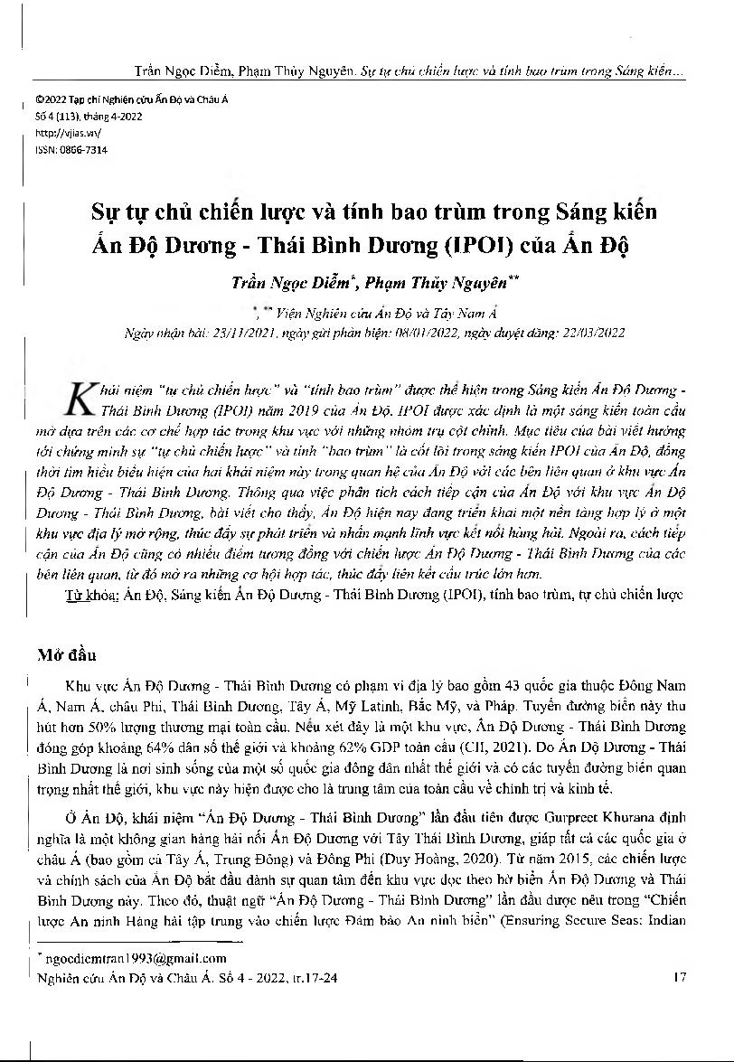 Sự tự chủ chiến lược và tính bao trùm trong Sáng kiến Ấn Độ Dương - Thái Bình Dương (IPOI) của Ấn Độ = The concept of strategic autonomy and inclusiveness in India’s Indo-Pacific Initiative (IPOI)