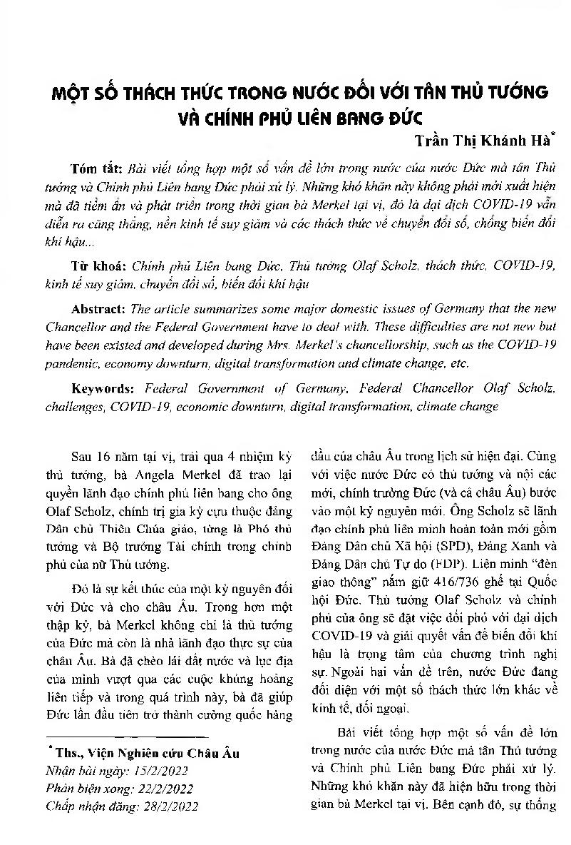 Một số thách thức trong nước đối với tân Thủ tướng và chính phủ Liên bang Đức = Some domestic challenges for the new Chancellor and the Federal Government of Germany