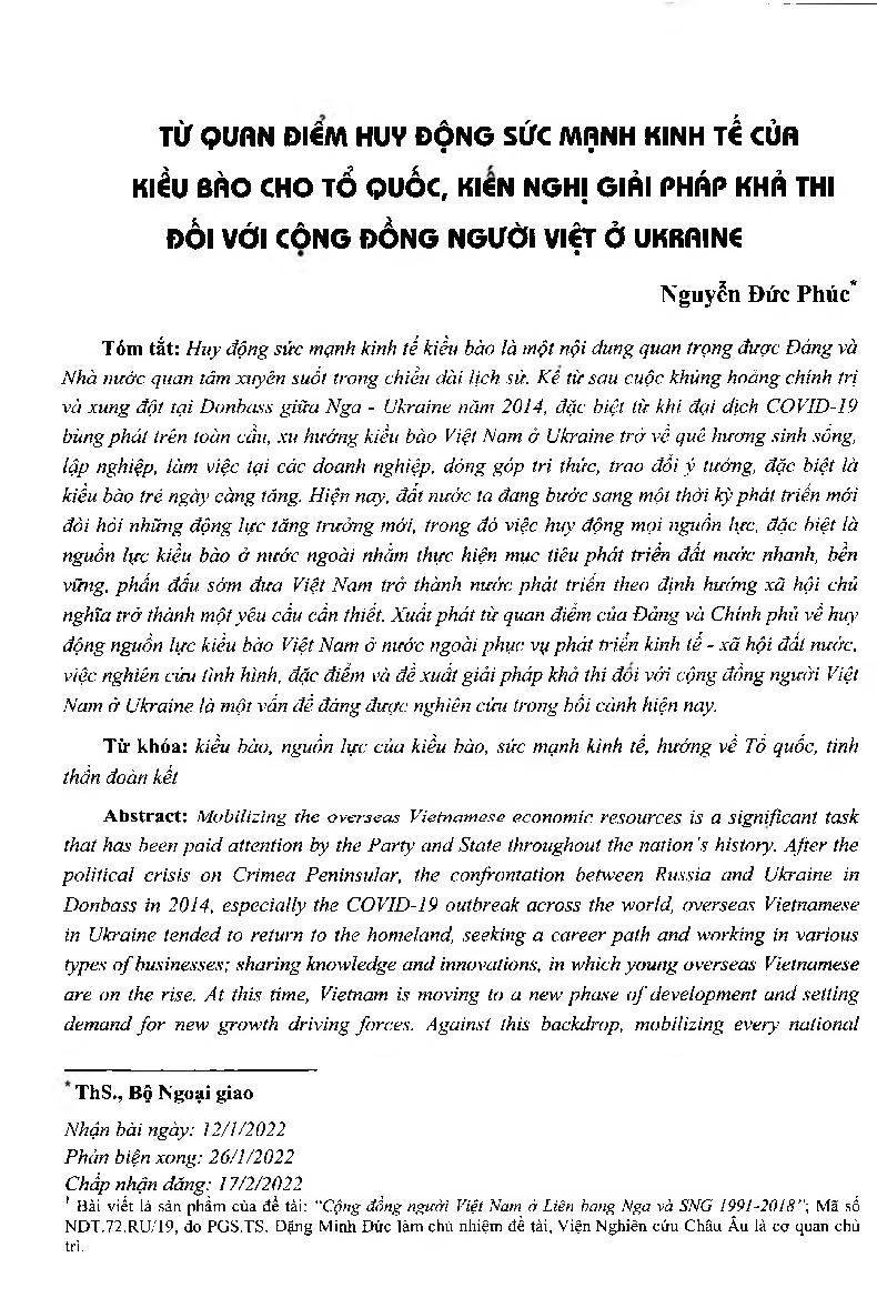 Từ quan điểm huy động sức mạnh kinh tế của kiều bào cho tổ quốc, kiến nghị giải pháp khả thi đối với cộng đồng người Việt ở Ucraina = From CPV’s guiding thoughts on mobilizing economic strength of overseas Vietnamese for fatherland, proposing feasible sol