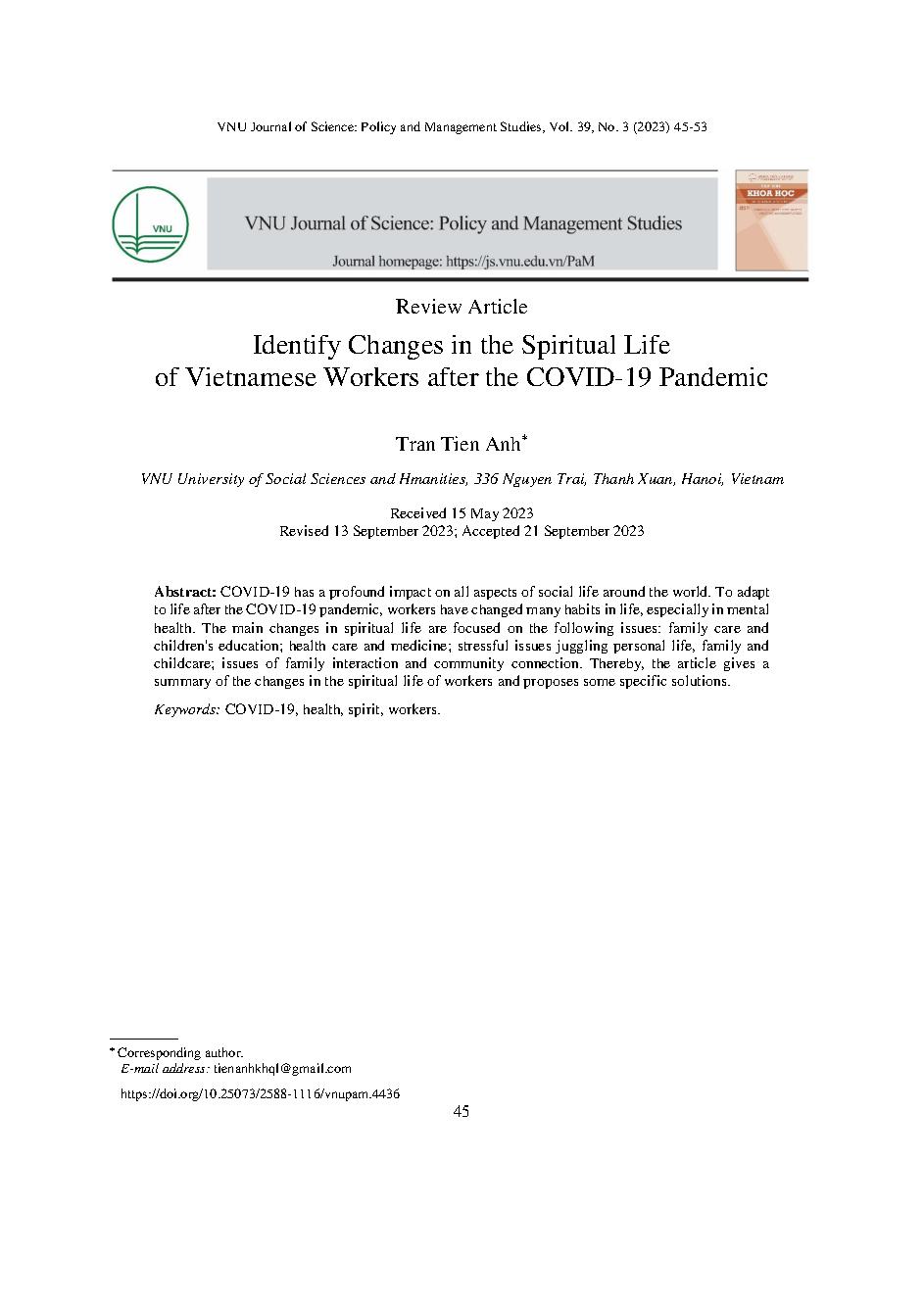 Nhận diện những biến đổi trong đời sống tinh thần của công nhân Việt Nam sau đại dịch COVID-19 = Identify Changes in the Spiritual Life of Vietnamese Workers after the COVID-19 Pandemic