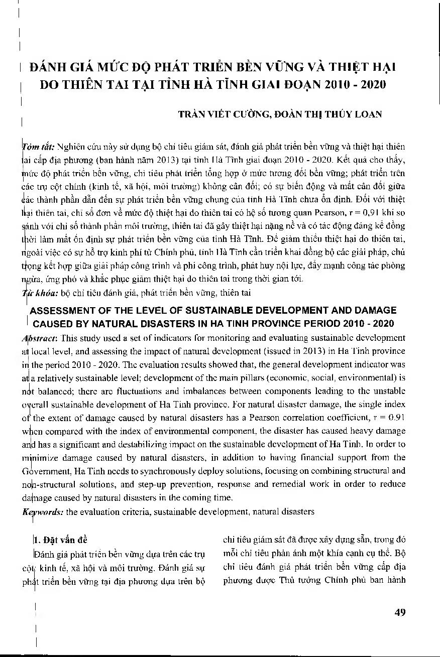 Đánh giá mức độ phát triển bền vững và thiệt hại do thiên tai tại tỉnh Hà Tĩnh giai đoạn 2010 - 2020 = Assessment of the level of sustainable development and damage caused by natural disasters in Ha Tinh province period 2010 - 2020