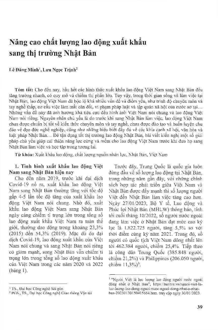 Nâng cao chất lượng lao động xuất khẩu sang thị trường Nhật Bản = Improving the Quality of Labour to Export to Japan Market