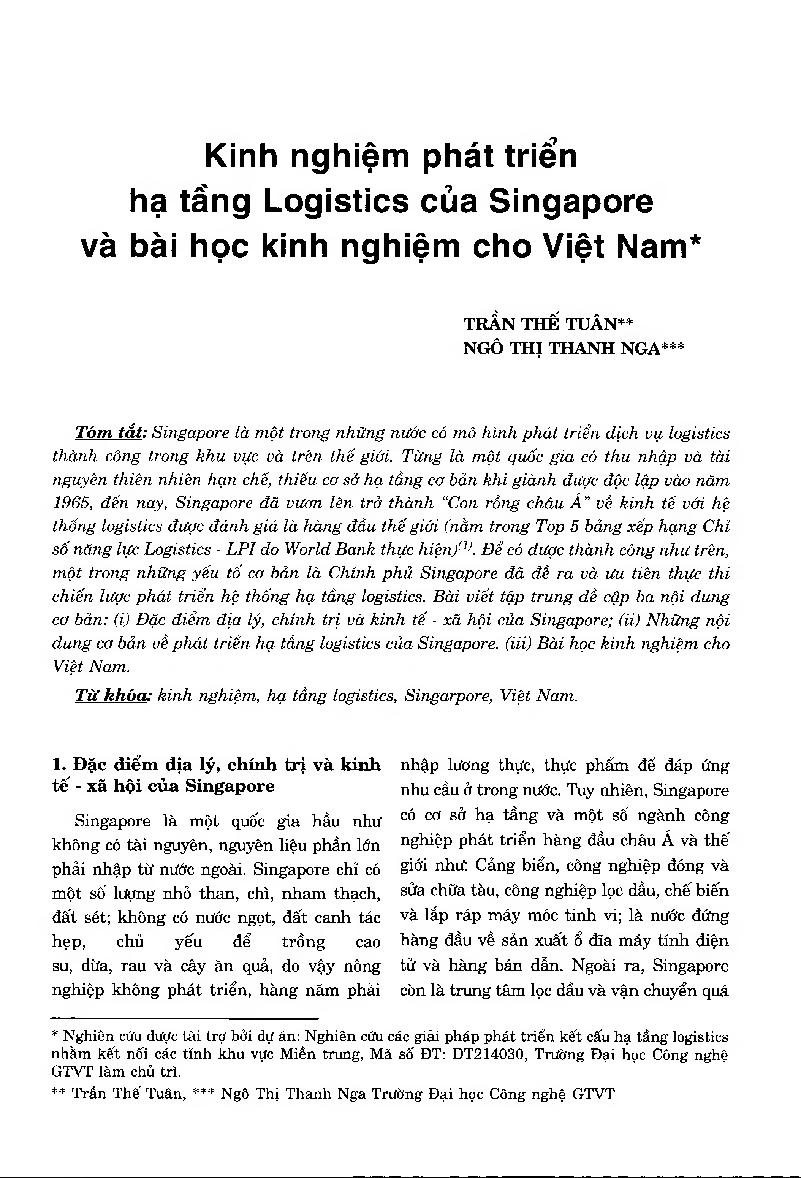 Kinh nghiệm phát triển hạ tầng Logistics của Singapore và bài học kinh nghiệm cho Việt Nam = Experience of Singapore’s Logistics Infrastructure Development and Lessons for Vietnam