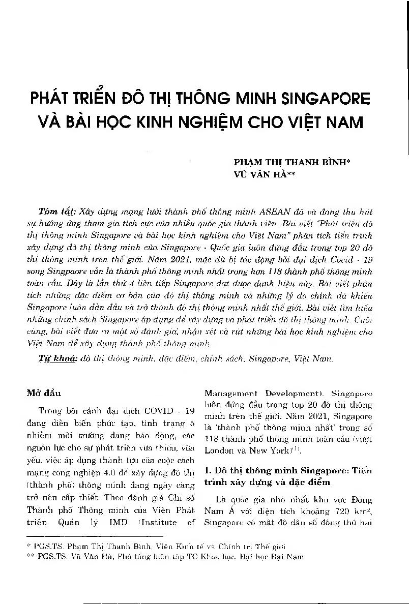 Phát triển đô thị thông minh Singapore và bài học kinh nghiêm cho Việt Nam = Singapore Smart City Development and Lessons Learned for Vietnam