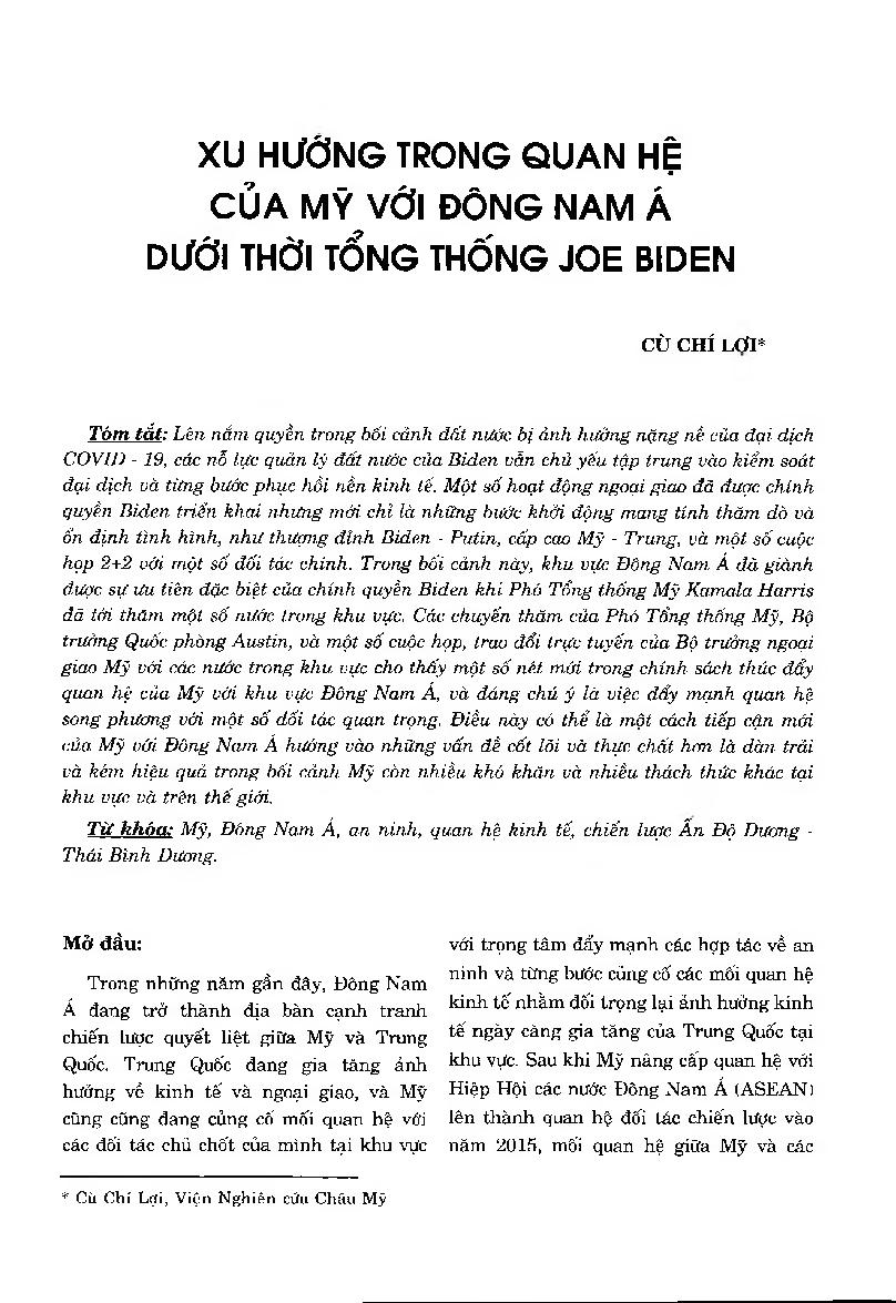 Xu hướng trong quan hệ của Mỹ với Đông Nam Á dưới thời Tổng thống Joe Biden = Trends in The US Relations with Southeast Asia under President Joe Biden
