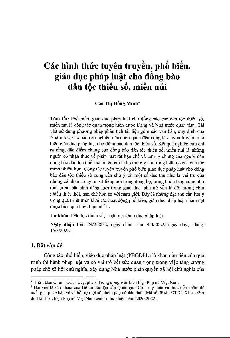 Các hình thức tuyên truyền, phổ biên, giáo dục pháp luật cho đồng bào dân tộc thiểu số, miền núi = Forms of propaganda and education about law to ethnic minorities and mountainous residents