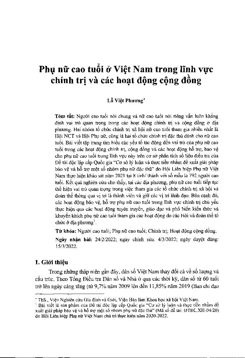 Phụ nữ cao tuổi ở Việt Nam trong lĩnh vực chính trị và các hoạt động cộng đồng = Female elders' participation in politics and community activities in Vietnam
