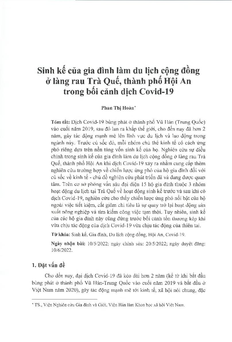 Sinh kế của gia đình làm du lịch cộng đồng ở làng rau Trà Quế, thành phố Hội An trong bối cảnh dịch Covid-19 = Household Livelihoods in Community-based Tourism in Tra Que Vegetable Village, Hoi An City in the Context of COVID-19