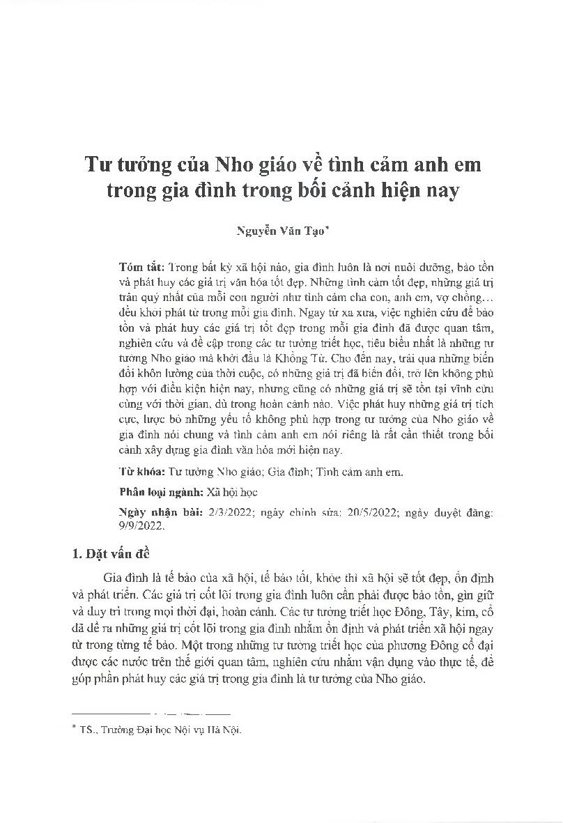Tư tưởng của Nho giáo về tình cảm anh em trong gia đình trong bối cảnh hiện nay = Confucian Thoughts on Brotherhood in the Family in Current Context
