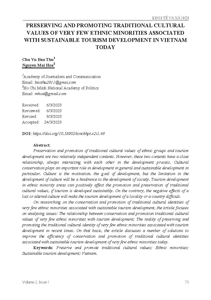 Bảo tồn và phát huy giá trị văn hóa truyền thống của các dân tộc thiểu số rất ít người gắn với phát triển du lịch bền vững ở việt nam hiện nay = Preserving and promoting traditional cultural values of very few ethnic minorities associated with sustainable
