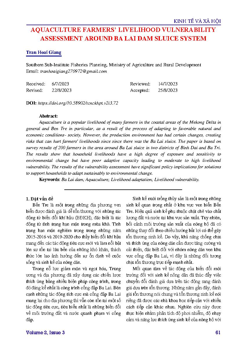 Đánh giá tính dễ tổn thương sinh kế của nông hộ nuôi trồng thủy sản quanh hệ thống cống đập Ba Lai = Aquaculture farmers' livelihood vulnerability assessment around Ba Lai dam sluice system