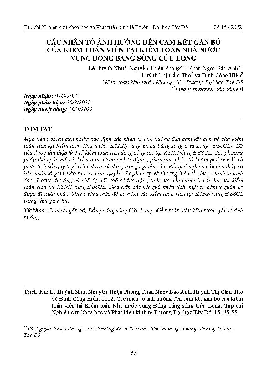 Các nhân tố ảnh hưởng đến cam kết gắn bó của kiểm toán viên tại Kiểm toán Nhà nước vùng Đồng bằng sông Cửu Long = Factors affecting the organizational commitment of the state auditors in The State Audit Office of Vietnam in the Mekong Delta