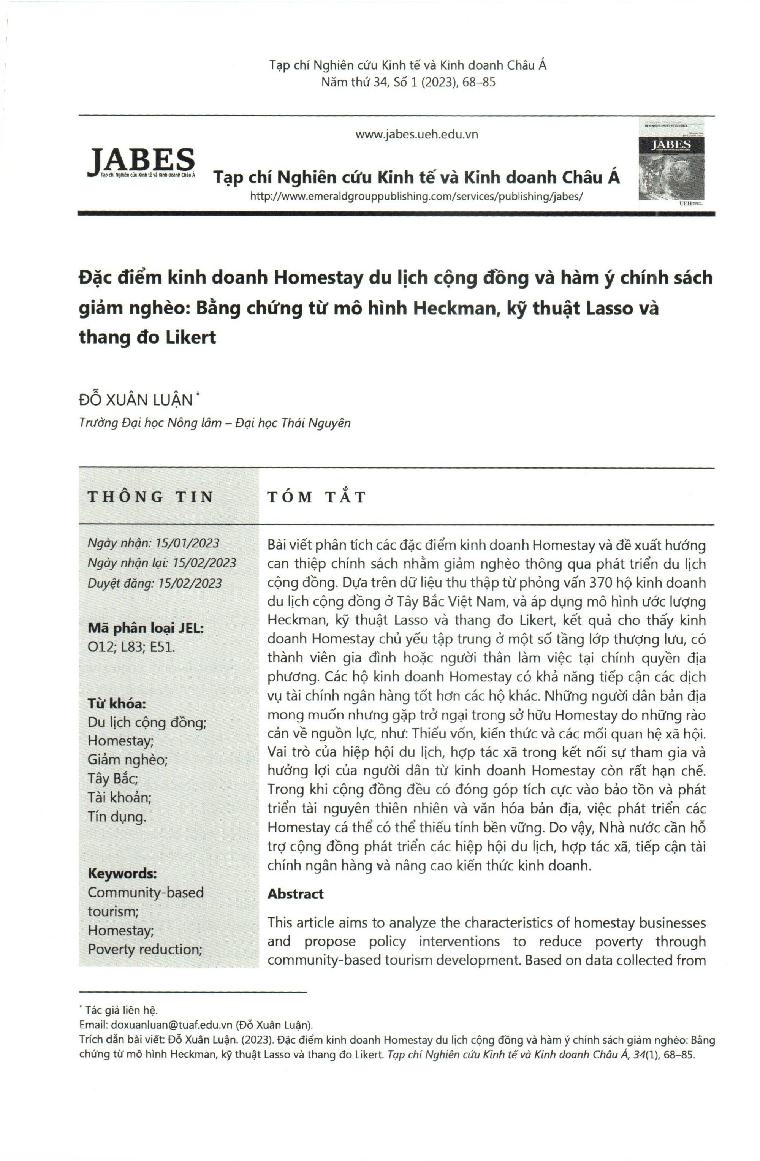Đặc điểm kinh doanh homestays du lịch cộng đồng và hàm ý chính sách giảm nghèo: Bằng chứng từ mô hình Heckman, kỹ thuật Lasso và thang đo Likert = Characteristics of community tourism homestays business and implications for poverty reduction policy: Evide