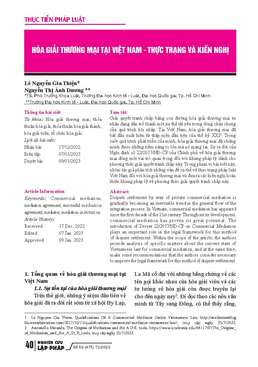 Hòa giải thương mại tại Việt Nam - thực trạng và kiến nghị = Commercial mediation in Vietnam - status and recommendations
