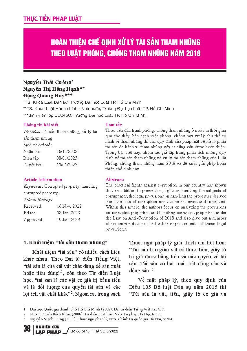 Hoàn thiện chế định xử lý tài sản tham nhũng theo Luật Phòng, chống tham nhũng năm 2018 = Completing the regulation of handling corrupt assets according to the Law on Anti-Corruption 2018