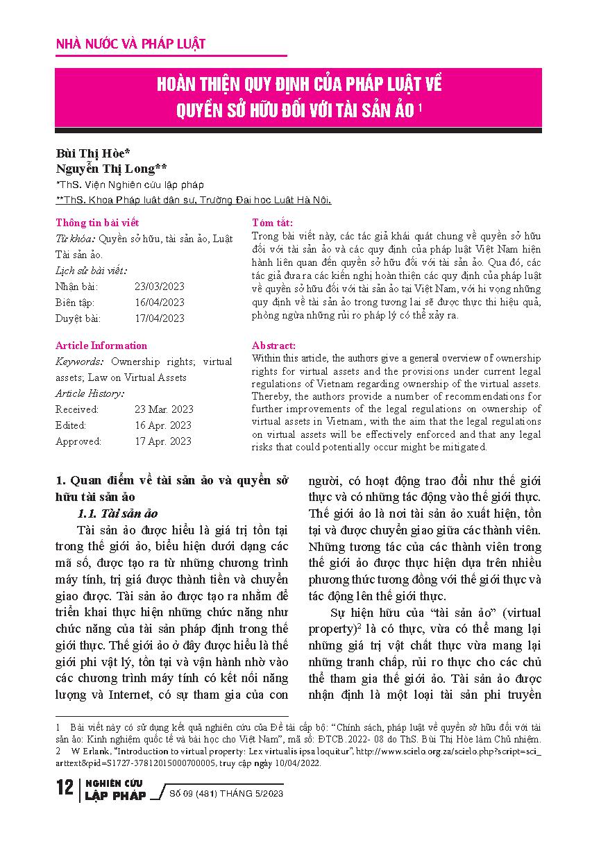 Hoàn thiện quy định của pháp luật về quyền sở hữu đối với tài sản ảo = Improvements of Legal Regulations on Ownership of Virtual Assets