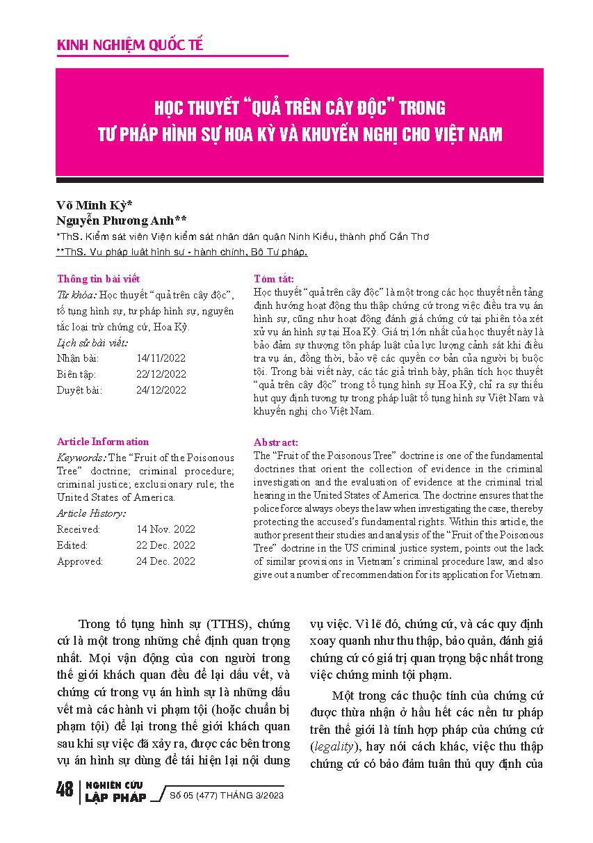 Học thuyết "quả trên cây độc" trong tư pháp hình sự Hoa Kỳ và khuyến nghị cho Việt Nam = Doctrine of "fruit on poisonous tree" in US criminal justice and recommendations for Vietnam