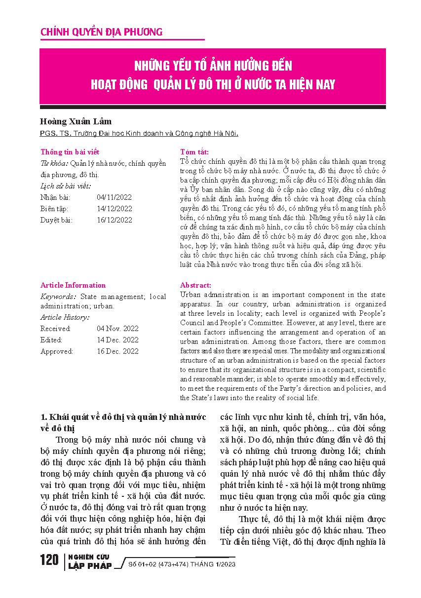 Những yếu tố ảnh hưởng đến hoạt động quản lý đô thị ở nước ta hiện nay = Factors affecting urban management activities in our country today