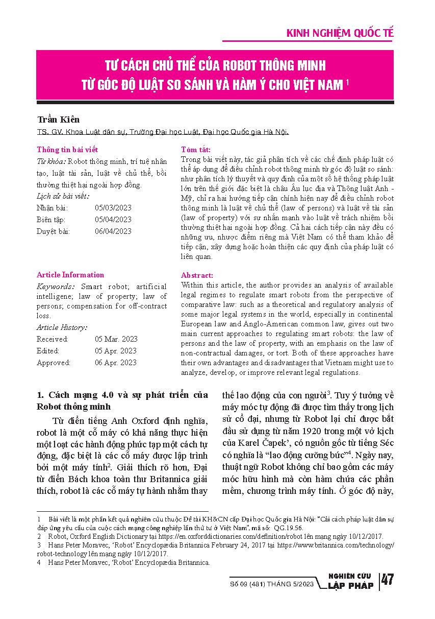 Tư cách chủ thể của robot thông minh từ góc độ luật so sánh và hàm ý cho Việt Nam = The Subject Status of Smart Robots: The Perspective of Comparative Law and Suggestions for Vietnam