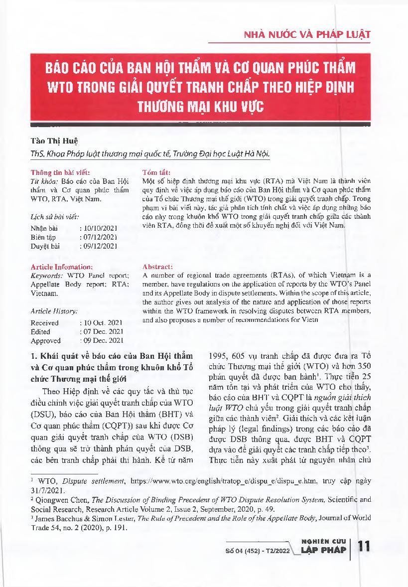 Báo cáo của ban hội thẩm và cơ quan phúc thẩm WTO trong giải quyết tranh chấp theo hiệp định thương mại khu vực = Reports of WTO panels and appellate bodies in dispute settlement under regional trade agreements